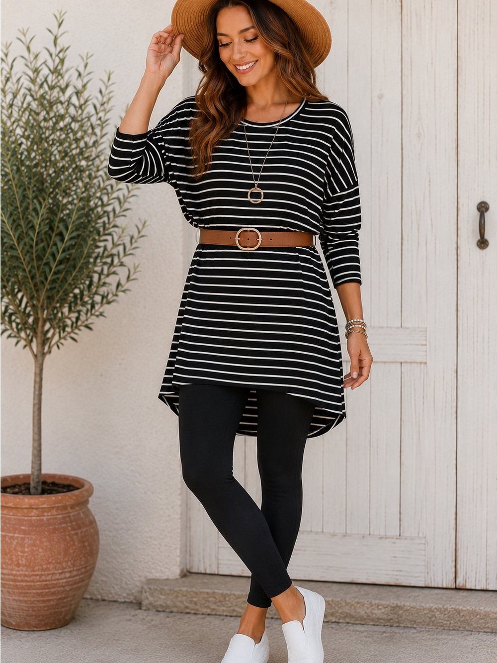 Umgee Black & White Striped Crewneck Tunic